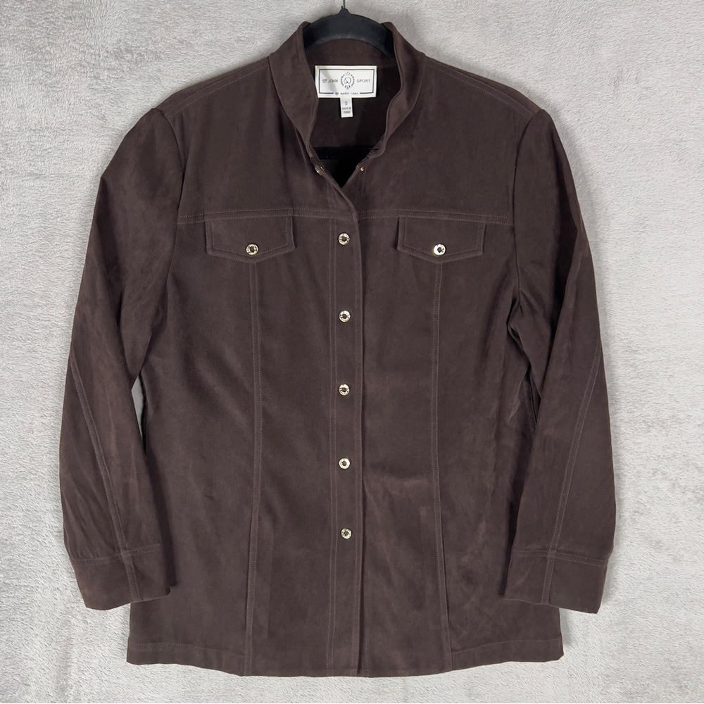 St. John Sport By‎ Marie Gray Faux Suede Snap Button Shirt Women's Small Brown